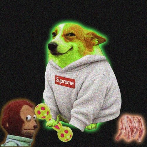 A humorous edited image featuring a green-glowing dog wearing a white Supreme hoodie holding a pizza-themed object, with a cartoon monkey character on the left and a pink anatomical heart on the right.