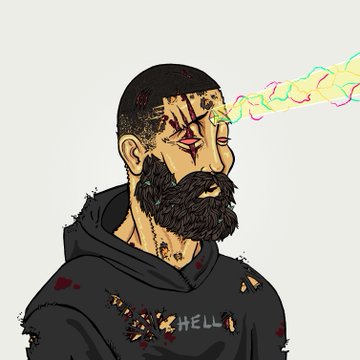 A digital illustration of a bearded man with glowing red eyes wearing a black hoodie that reads 'HELL', as colorful energy beams shoot from his eyes.