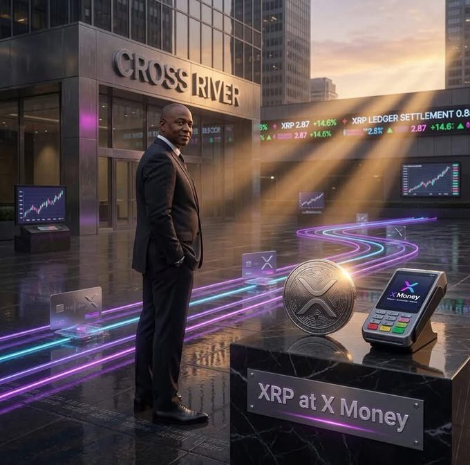 AI-generated image of a man in a suit standing outside a 'Cross River' building with neon lights, an XRP coin, and a card reader labeled 'XRP at X Money'.