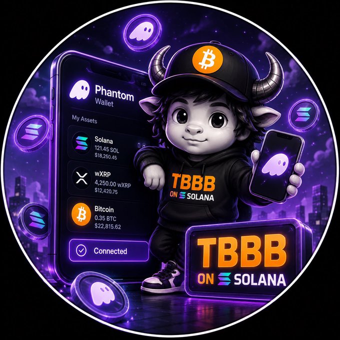 A circular promotional graphic features a horned cartoon character in a 'TBBB ON SOLANA' hoodie holding a Phantom Wallet phone, with a background phone screen displaying crypto assets (Solana, wXRP, Bitcoin).