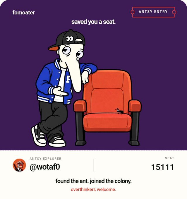 An Antsy NFT entry (@wotaf0, seat #15111) titled 'saved you a seat' depicting a cartoon character finding an ant on a red chair, labeled 'found the ant. joined the colony. overthinkers welcome.'