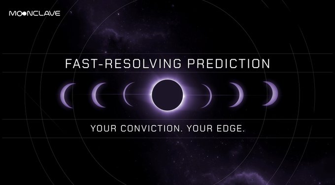 A promotional graphic for "MOONCLAVE" displays a solar eclipse progression against a cosmic purple background with the tagline "FAST-RESOLVING PREDICTION" and "YOUR CONVICTION. YOUR EDGE." The celestial imagery of an eclipse mirrors the post's message about a $10,000 opportunity that most overlook, suggesting Moonclave offers a rare, once-in-an-alignment chance for those willing to engage actively in their Discord community.
