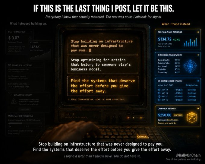 A dark-themed graphic titled 'IF THIS IS THE LAST THING I POST, LET IT BE THIS' by @RallyOnChain, contrasting what the creator stopped building on (low platform payouts, brand deal approvals, algorithm updates) with what they found instead (daily on-chain earnings of $134.72, transparent AI scoring, on-chain ledger, and a $250 campaign reward).