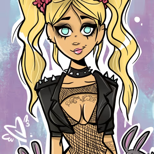 A cartoon illustration of a blonde girl with teal eyes wearing a spiked black jacket and fishnet top, with bunny ears visible at the bottom.