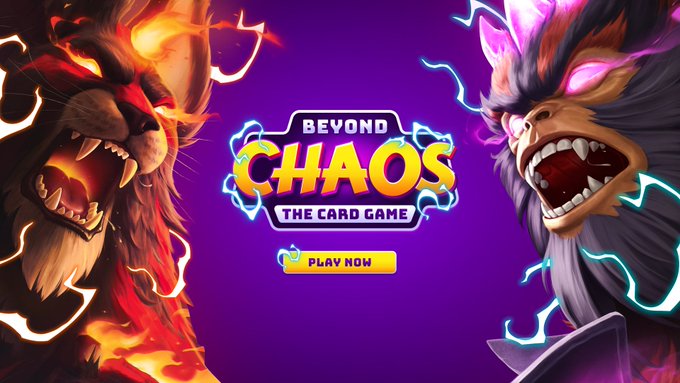 Title screen for 'BEYOND CHAOS THE CARD GAME' with a 'PLAY NOW' button, featuring two roaring lion-like creatures—one fiery red on the left and one electric blue/pink on the right—against a purple background.