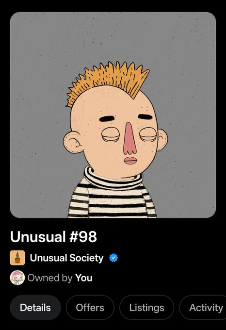 An NFT listing titled 'Unusual #98' from Unusual Society (verified) shows a cartoon character with orange spiky hair and a striped turtleneck, owned by You.