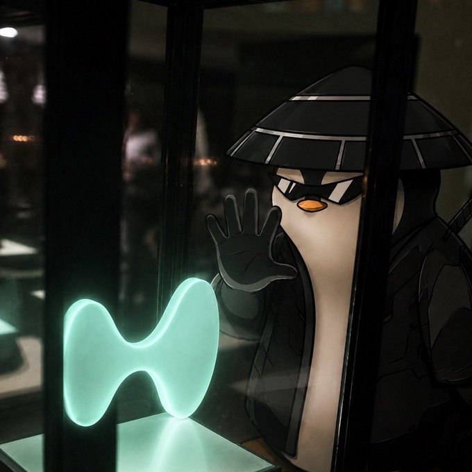 A plush penguin toy dressed in a black ninja outfit and conical hat is displayed behind glass, pressing a gloved hand against the window next to a glowing light fixture shaped like a stylized letter 'M'.