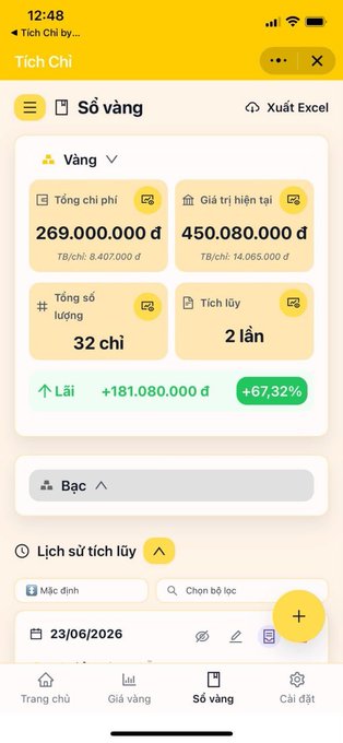 A Vietnamese gold savings app (Tích Chỉ) showing a Gold (Vàng) portfolio with total cost 269,000,000đ, current value 450,080,000đ, profit of +181,080,000đ (+67.32%), across 32 units with accumulation history.