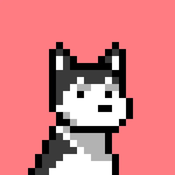 A simple pixel-art illustration of a black and white animal character with pointed ears and a gray chest patch, set against a coral pink background.