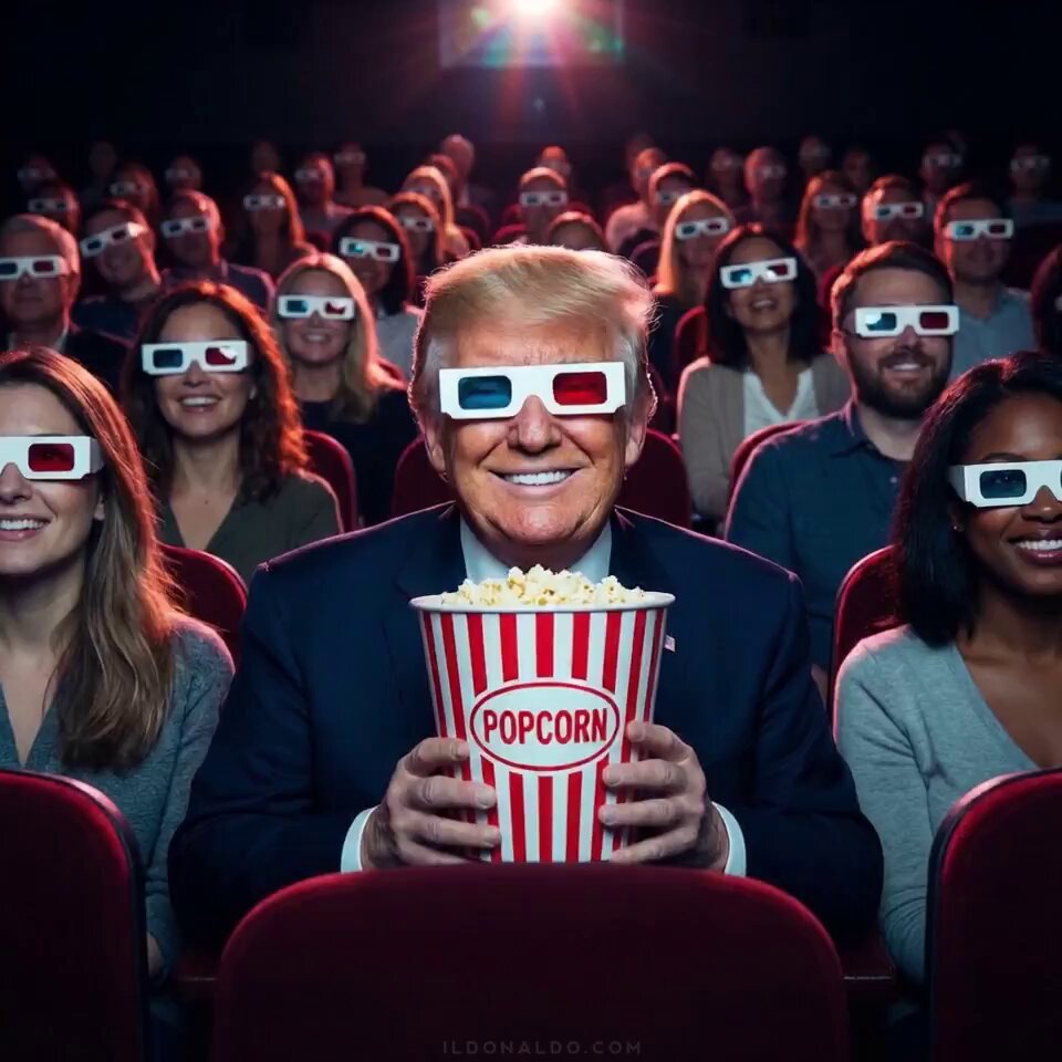 The image features an audience seated in a movie theater with many people wearing glasses that have Donald Trump's face printed on them. The audience members are holding popcorn buckets labeled "Popcorn" as they watch the movie, which appears to be a political satire or commentary piece. The scene suggests that the audience is engaged and entertained by the film while also being exposed to a political message about the current administration and money laundering schemes.