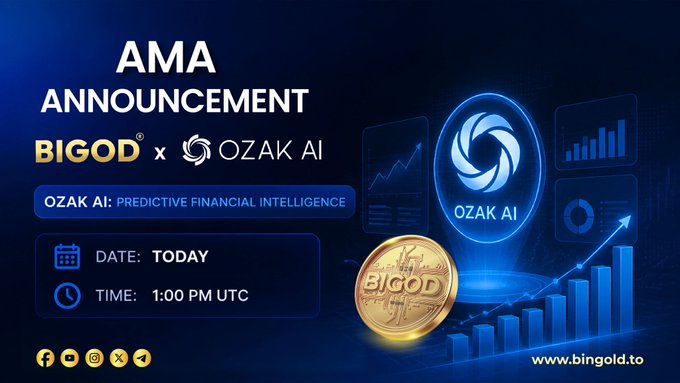 A promotional announcement graphic for an AMA featuring 'BIGOD x OZAK AI' with the tagline 'OZAK AI: PREDICTIVE FINANCIAL INTELLIGENCE,' scheduled for today at 1:00 PM UTC, and the website www.bingold.to.