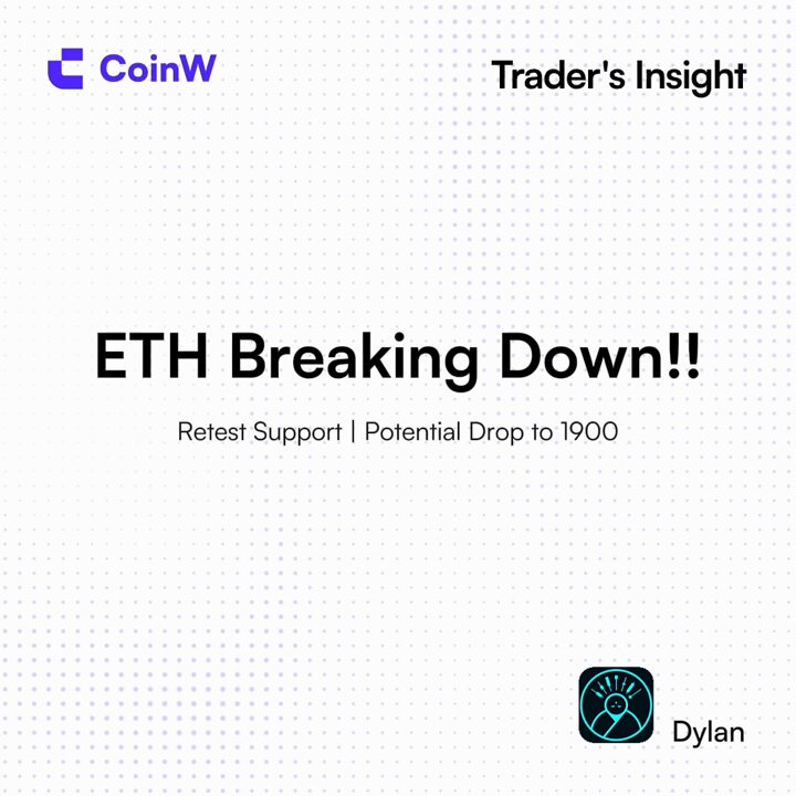 The image shows an advertisement for a cryptocurrency calledETH. It features a close-up of the text "ETH Breaking Down!" which appears as a blue banner with white dots, accompanied by the text "reTest Support (Potential Drop) to 1900". The background is white and dotted with squares arranged in a grid pattern. At the bottom right corner of the image, there's an icon representing a cryptocurrency symbol - this could be Ethereum itself or another relevant cryptocurrency. Below it, you can see two names written in black text: "Dylan" and "ETH Breaking Down!".