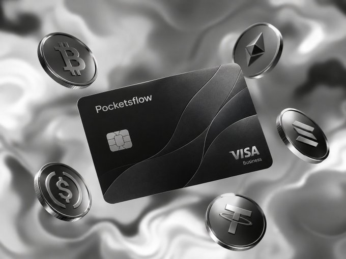 A sleek black "Pocketsflow" Visa Business credit card is prominently displayed, surrounded by floating metallic cryptocurrency coins—including Bitcoin, Ethereum, Solana, Tether, and another token—resting on a glossy, wave-like silver surface, visually teasing the upcoming launch of Pocketsflow's crypto-integrated banking service.