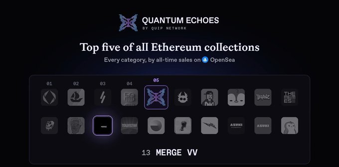 A dark-themed promotional graphic titled "QUANTUM ECHOES by QUIP NETWORK" displays the top five Ethereum collections by all-time sales on OpenSea, featuring numbered category icons including a highlighted "13 MERGE VV" entry.