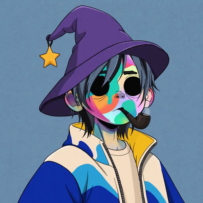 A stylized colorful portrait depicts a character wearing a purple witch hat with a dangling yellow star, dark eye sockets, a pipe, and a blue-and-white jacket.