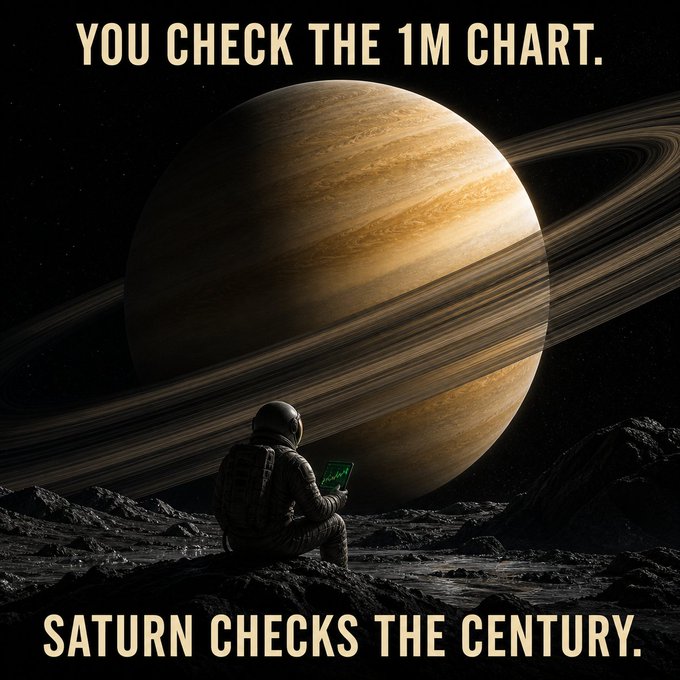 A humorous sci-fi meme showing an astronaut sitting on a moon-like surface looking at a candlestick chart, with massive Saturn in the background and text reading 'YOU CHECK THE 1M CHART. SATURN CHECKS THE CENTURY.'