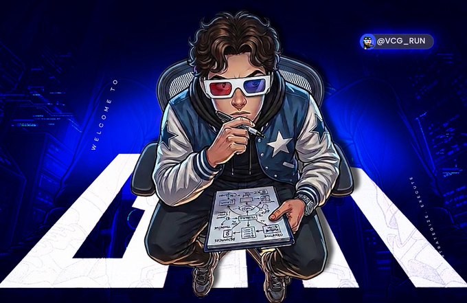 An illustrated character wearing 3D glasses and a star-patterned jacket holding a clipboard with diagrams, set against a blue background with 'WELCOME TO' text and the handle '@VCG_RUN'.