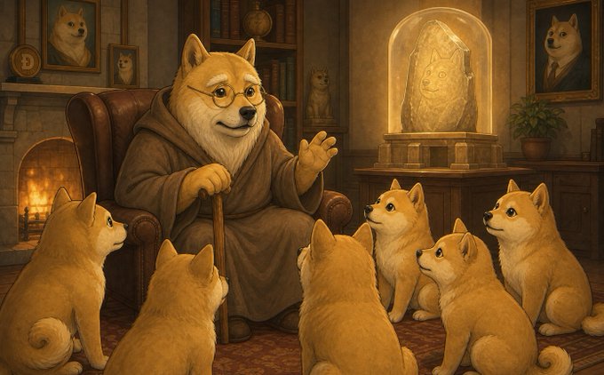 The image features a cartoonish scene of an old man sitting in a chair surrounded by six dogs, all wearing robes. The man appears to be a wise figure or a monk, as he holds a staff with his hand while the dogs sit around him. The background includes several paintings and books, suggesting that this gathering might be taking place in a library or a similar setting where knowledge is valued. The post also mentions that the image is on the first NFT marketplace native to DogeOS, which could indicate that it's an art piece or a digital item related to the Doge community.