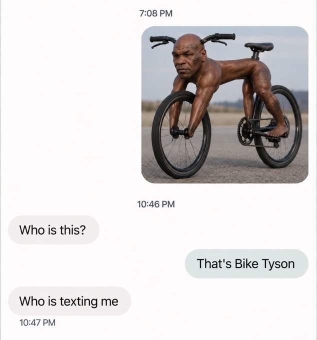 A text conversation shows an AI-generated image of a shirtless Mike Tyson-like figure riding a bicycle, with messages reading "Who is this?" / "That's Bike Tyson" / "Who is texting me." The joke connects to the post's theme of recycled meme culture, as "Bike Tyson" is a classic chillhouse-era meme being repurposed for the current crypto cycle.