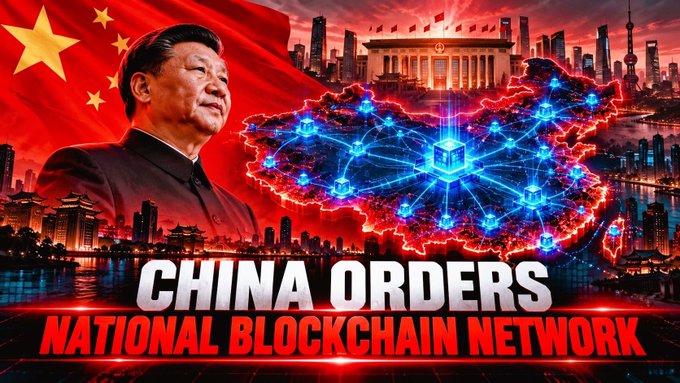 The image shows President Xi Jinping beside a glowing, networked map of China with the bold headline “CHINA ORDERS NATIONAL BLOCKCHAIN NETWORK.” It visually reinforces the post’s claim that the Communist Party’s Central Committee and State Council have ordered a nationwide blockchain network.