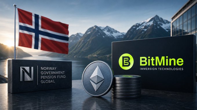 A promotional graphic featuring the Norwegian flag, a black sign reading 'NORWAY GOVERNMENT PENSION FUND GLOBAL', an Ethereum coin, and a laptop displaying 'BitMine IMMERSION TECHNOLOGIES' against a mountain backdrop.