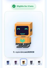 A mobile game-style screen marked “Eligible for 5 Bets” featuring an orange pixel character and the text “X zyrikam202030.”