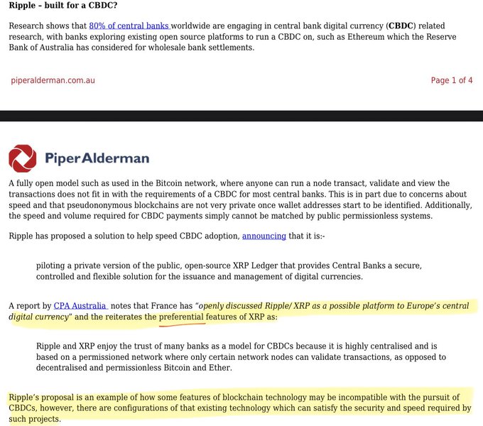 The image shows a page from a Piper Alderman article titled "Ripple - built for a CBDC?" discussing Ripple's proposal of a private version of the XRP Ledger for Central Bank Digital Currencies, with a highlighted section noting that France has openly discussed Ripple/XRP as a possible platform for Europe's central digital currency, reinforcing the post's emphasis on XRP's preferential features for CBDC adoption.