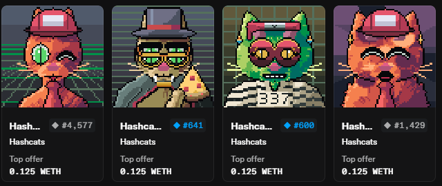 Four pixel-art Hashcats NFT collectibles featuring a penguin, a gangster figure, a green cat, and an orange cat, all priced at a top offer of 0.125 WETH.