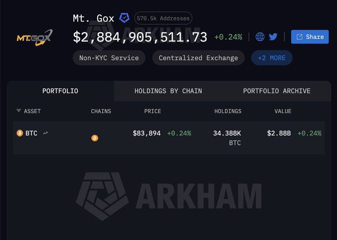 Arkham Intelligence page showing Mt. Gox cryptocurrency exchange holdings with $2,884,905,511.73 total value, labeled as 'Non-KYC Service' and 'Centralized Exchange', containing 34.388K BTC at $83,894.