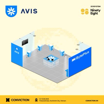 A promotional graphic for an event at 'Conviction' featuring sponsors AVIS, BytePlus, and Ninety Eight Ecosystem, dated 14-15.06.2025 in Hanoi, Vietnam.