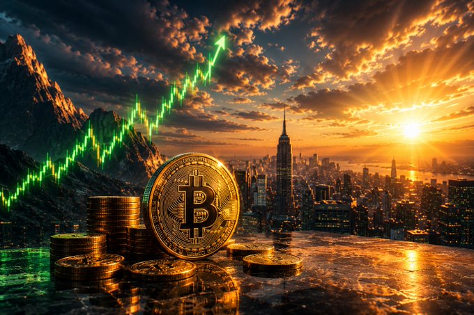 A stack of gold Bitcoin tokens sits in the foreground with a green upward-trending price chart soaring across a dramatic sunset skyline, visually reinforcing the post's message of Bitcoin climbing toward $63K while market sentiment remains unexpectedly calm.