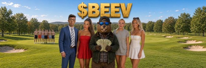 A promotional image titled '$BEEV' showing a man in a suit, a person in a bear mascot costume holding cash, and three women standing on a golf course, with a group of children in the background.