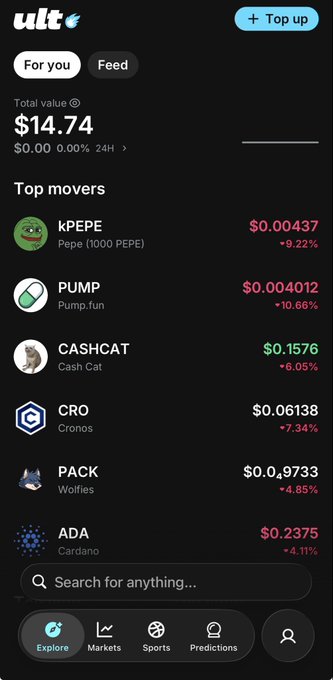 Screenshot of the 'ult' app showing a portfolio total value of $14.74 and a 'Top movers' list featuring kPEPE (Pepe) up 9.22%, PUMP (Pump.fun) up 10.66%, CASHCAT down 6.05%, CRO (Cronos) down 7.34%, PACK (Wolfies) up 4.85%, and ADA (Cardano) down 4.11%.