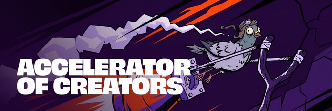 Promotional graphic reading "ACCELERATOR OF CREATORS" featuring a stylized pigeon wearing goggles mining on a rock with a pickaxe.