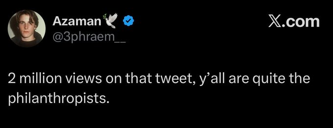 A tweet from verified user Azaman (@3phraem__) reads: "2 million views on that tweet, y'all are quite the philanthropists." The tweet reflects on the post's theme of FOMO and criticism from people who missed out on a project mint, sarcastically thanking them for the attention after they failed to take the simple step of DMing to participate.