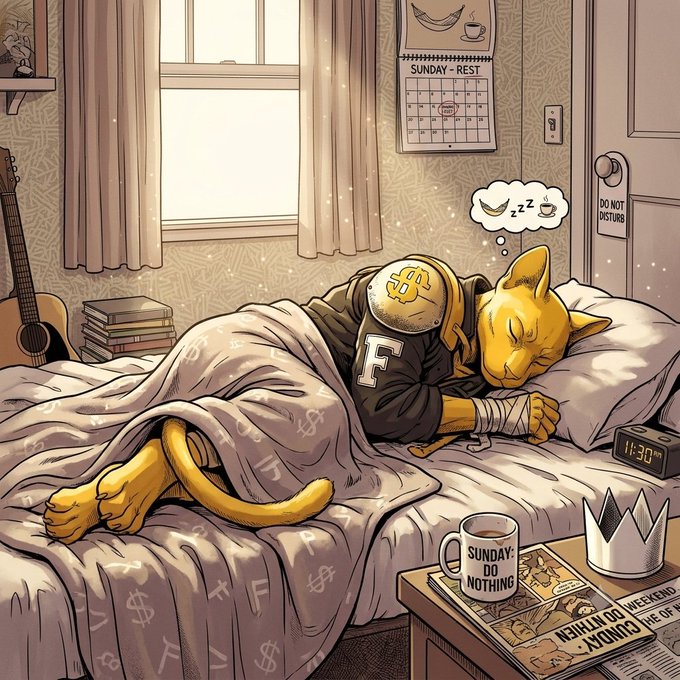 An illustrated scene depicts an anthropomorphic cat wearing a hoodie with an 'F' patch sleeping in bed, surrounded by items like a guitar, books, a 'DO NOT DISTURB' sign, and a mug reading 'SUNDAY: DO NOTHING' beneath a 'SUNDAY-REST' calendar.