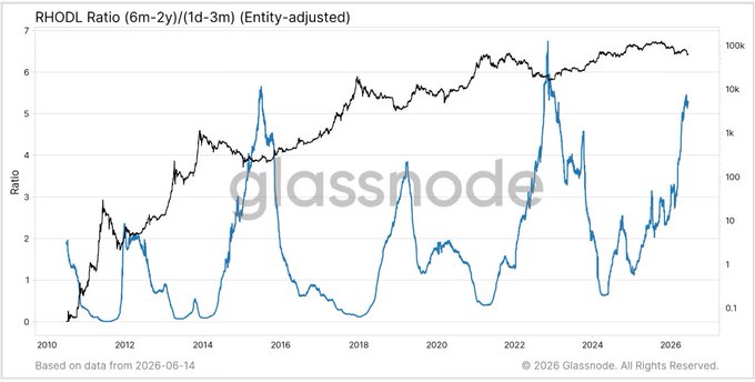 The image shows a graph with two lines that are different colors, one blue and one black. The blue line represents RHODL (Reserve Interest Rate), and the black line represents Bitcoin. These lines show an unusual spike in both instruments simultaneously. This could indicate a significant event or situation impacting both RHODL and Bitcoin, such as a crisis or market manipulation. The caption on the image suggests that this event has led to a more extreme change compared to other major spikes in history.