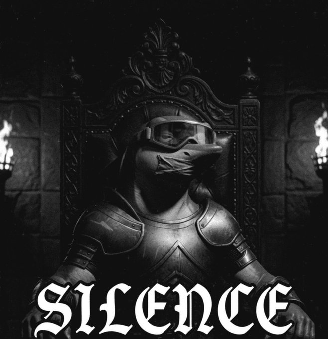A black and white portrait of a knight in armor wearing goggles and a face covering, seated on an ornate throne with the word 'SILENCE' displayed in gothic font below.