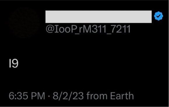 A screenshot of a tweet from user @IooP_rM311_7211 reading "I9" posted at 6:35 PM on 8/2/23 from Earth, with the profile name redacted. The cryptic "I9" appears to reference "Ice 9" from the post's caption about the freezing of the financial system, alluding to the fictional substance from Kurt Vonnegut's *Cat's Cradle* that solidifies all water on contact.