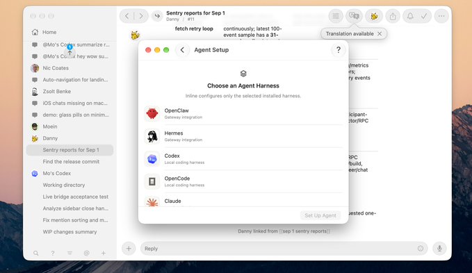 A desktop application window titled 'Agent Setup' showing an 'Choose an Agent Harness' dialog with options including OpenClaw (Gateway integration), Hermes (Gateway integration), Codex (Local coding harness), OpenCode (Local coding harness), and Claude.