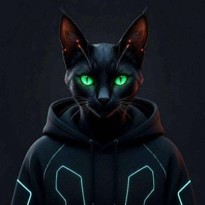 A digital artwork depicting a humanoid figure wearing a dark hoodie featuring glowing cyan neon lines, with a realistic black cat head and bright green eyes.