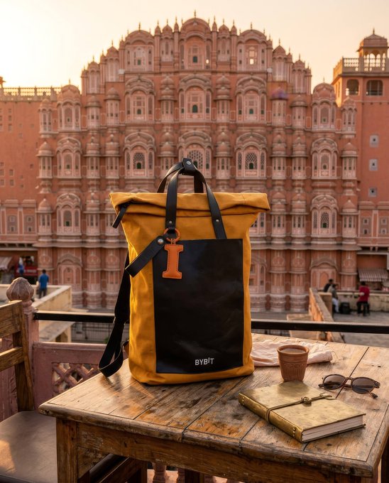 A yellow and black backpack with the text 'BYBIT' and a leather luggage tag sits on a wooden table, with a pair of sunglasses, a book, and a clay cup beside it, set against the backdrop of Jaipur's iconic Hawa Mahal palace.