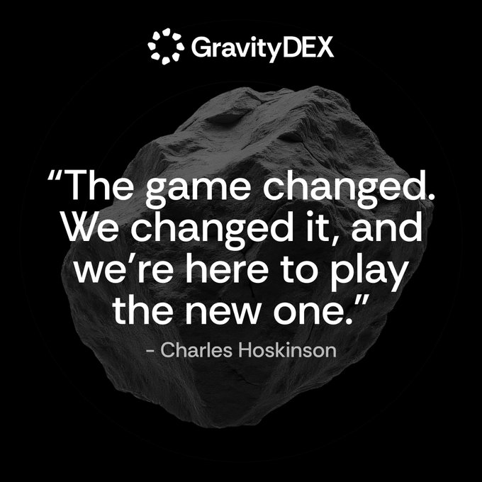 The image features a quote from Charles Hoskinson, attributed to him, written in white text against a black background. The quote reads "The game changed. We changed it, and we're 're here to play the new one." This quote is related to the concept of GravityEx, which is an off-chain actor that collects swap requests and executes them through Cardano's parallel architecture. The image also includes a black background with white text, which further emphasizes the quote and its context within the post.