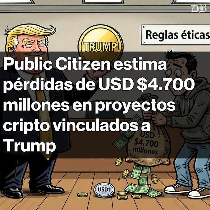 The cartoon illustration depicts a caricature of Donald Trump holding a golden "TRUMP" coin while another figure carries a money bag labeled "USD $4,700 millones," with scattered USDT tokens and bills on the floor, beneath a sign reading "Reglas éticas." The image visually represents the post's main claim that Public Citizen estimates $4.7 billion in losses from crypto projects linked to Trump, emphasizing concerns over missing ethical guidelines in his crypto ventures.