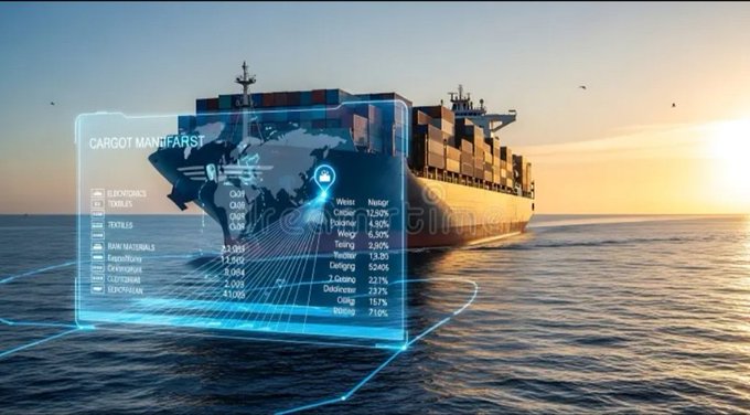 A container ship sails on the ocean at sunset, overlaid with a translucent blue holographic interface labeled 'CARGOT MANIFARST' displaying cargo data, world map, and metrics like 'Water' and 'Cargo'.