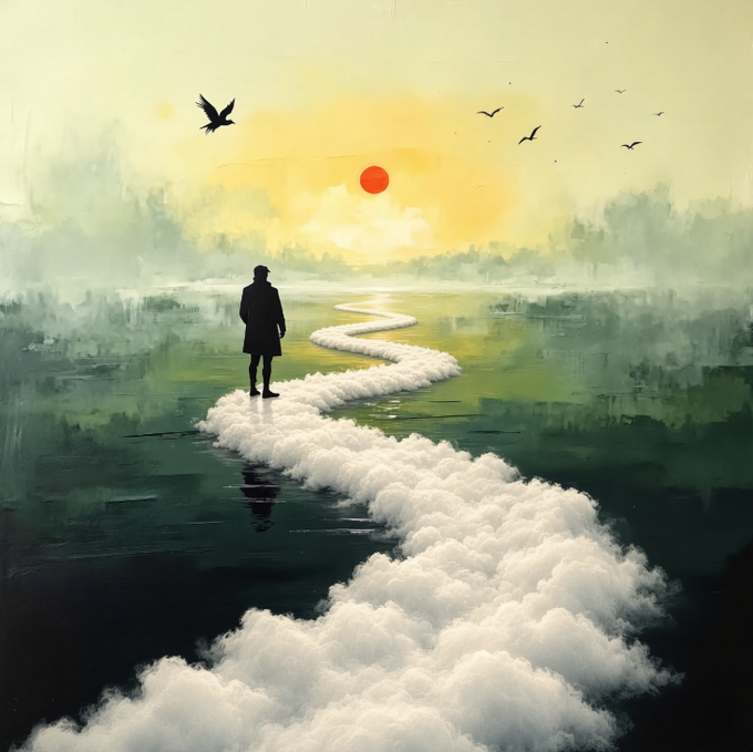 A surreal digital painting showing the silhouette of a man in a hat and coat standing on a cloud path that winds across water toward a red sun, with birds flying in the sky.
