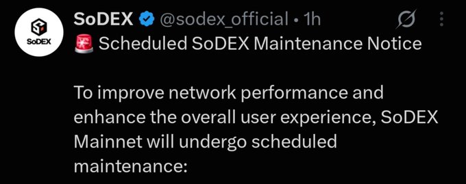 A tweet from verified account @sodex_official announces scheduled SoDEX Mainnet maintenance to improve network performance and enhance user experience.