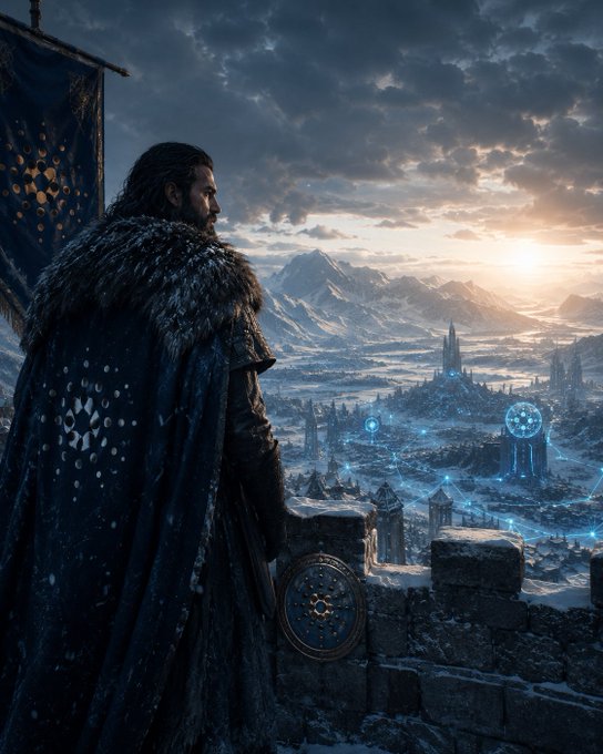 A hooded figure draped in a fur-lined cloak gazes out over a vast, snow-covered medieval kingdom bathed in the golden light of a setting sun, with ethereal blue geometric symbols and constellations glowing across the landscape. The scene's mood of awakening vision and impending order mirrors the post's message of "Clarity Is Coming $ADA," evoking the dawn of a new, transparent era for the Cardano blockchain.