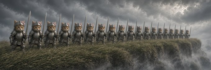 A whimsical image showing a line of cats dressed as armored knights holding swords, standing on a cliff edge against a moody sky.