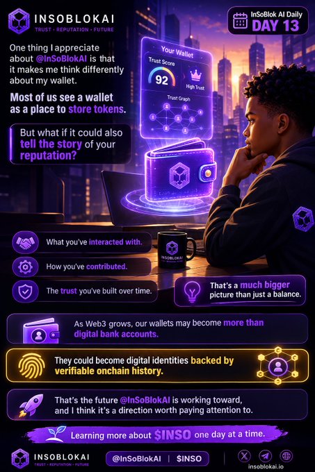 A promotional graphic for InSoBlokAI (DAY 13) features a man viewing a holographic "Your Wallet" interface displaying a Trust Score of 92 and a Trust Graph, with bullet points highlighting how wallets could track interactions, contributions, and trust built over time—visually reinforcing the caption's message that wallets could become digital identities backed by verifiable onchain reputation rather than just token storage. The graphic includes the InSoBlokAI branding with "TRUST • REPUTATION • FUTURE" tagline and the handle @InSoBlokAI for $INSO.